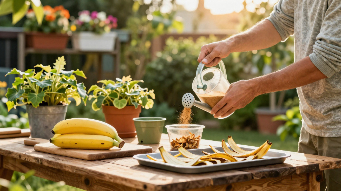Pessoa a polvilhar canela em cascas de banana numa mesa de madeira com várias plantas ao fundo.