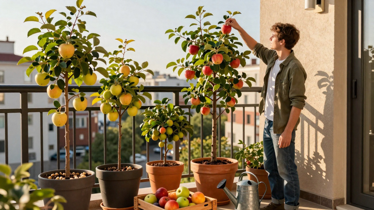 Jovem apanha maçã vermelha numa varanda com várias árvores de maçã em vasos e caixa com frutas.