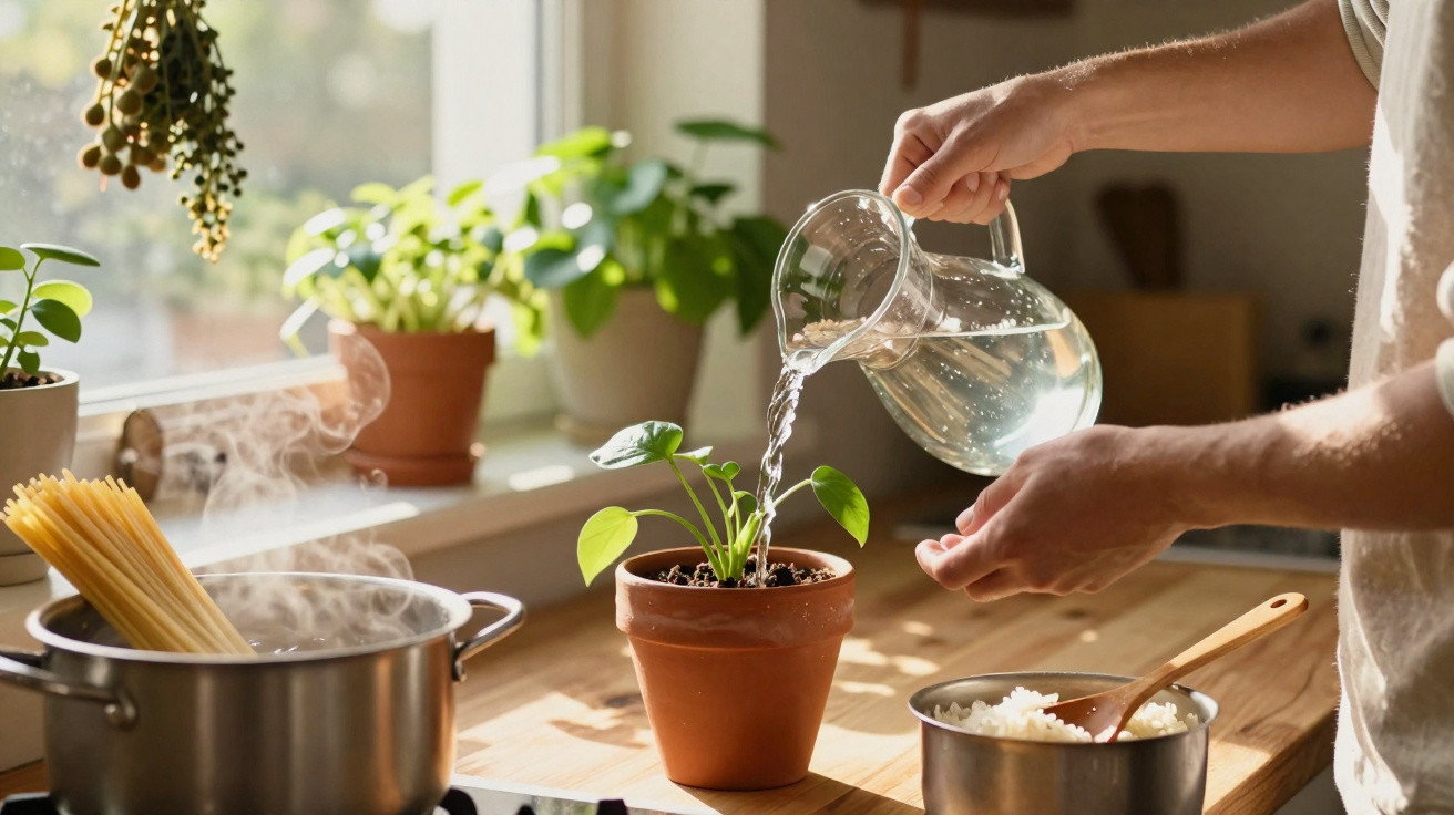 Pessoa a regar planta em vaso de barro numa cozinha com alimentos e plantas em fundo iluminado.