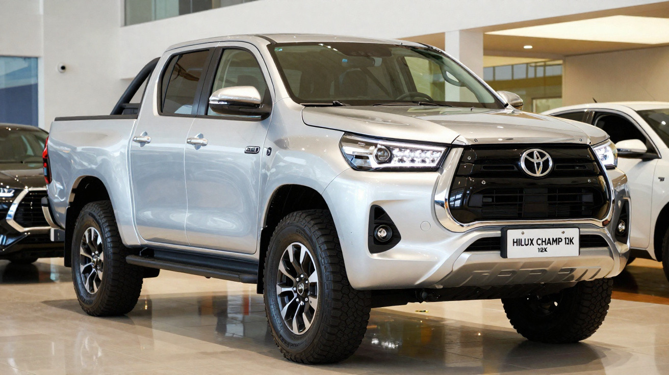 Pick-up Toyota Hilux Champ 1.0X prata, estacionada em showroom com outros veículos ao fundo.