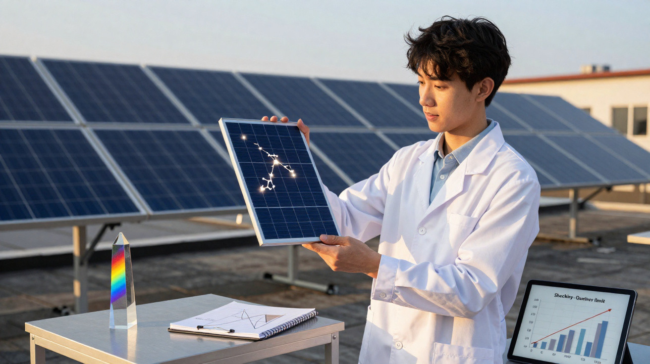 Homem em bata branca segura painel solar com mapa estelar, rodeado por painéis solares no telhado.