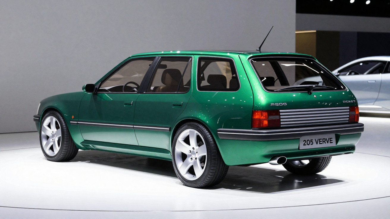 Peugeot 205 Verve verde metálico visto de trás e lateral num espaço de exposição.