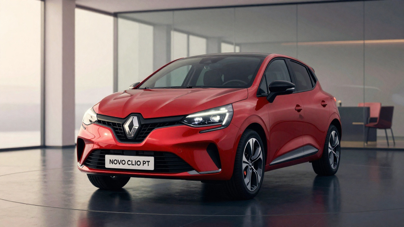 Renault Novo Clio PT vermelho estacionado em ambiente interior moderno com vidro e cadeira ao fundo.