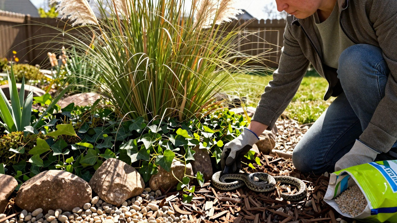 Pessoa de luvas a apanhar uma cobra enrolada num jardim com plantas, pedras e cobertura de madeira.