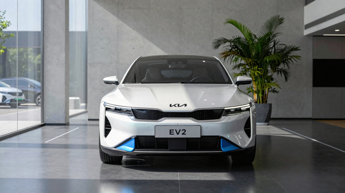 Carro elétrico Kia EV2 branco estacionado dentro de showroom moderno com planta ao fundo.