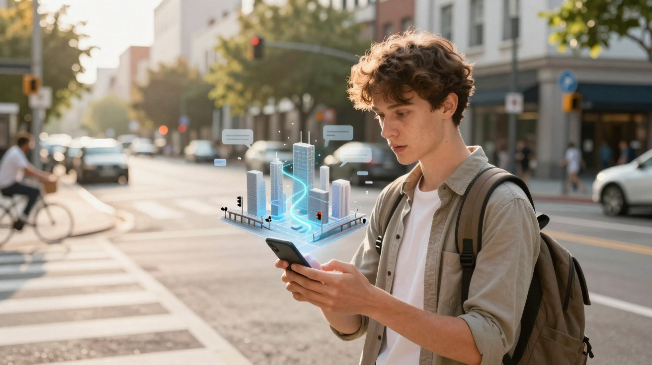 Jovem numa rua urbana a interagir com um holograma 3D da cidade no ecrã do telemóvel.
