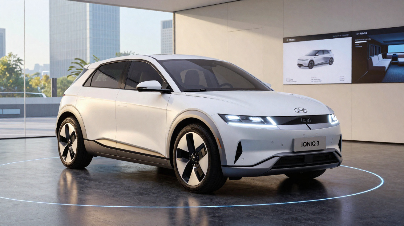 Automóvel elétrico branco Hyundai Ioniq 3 estacionado em showroom moderno com portas de vidro.