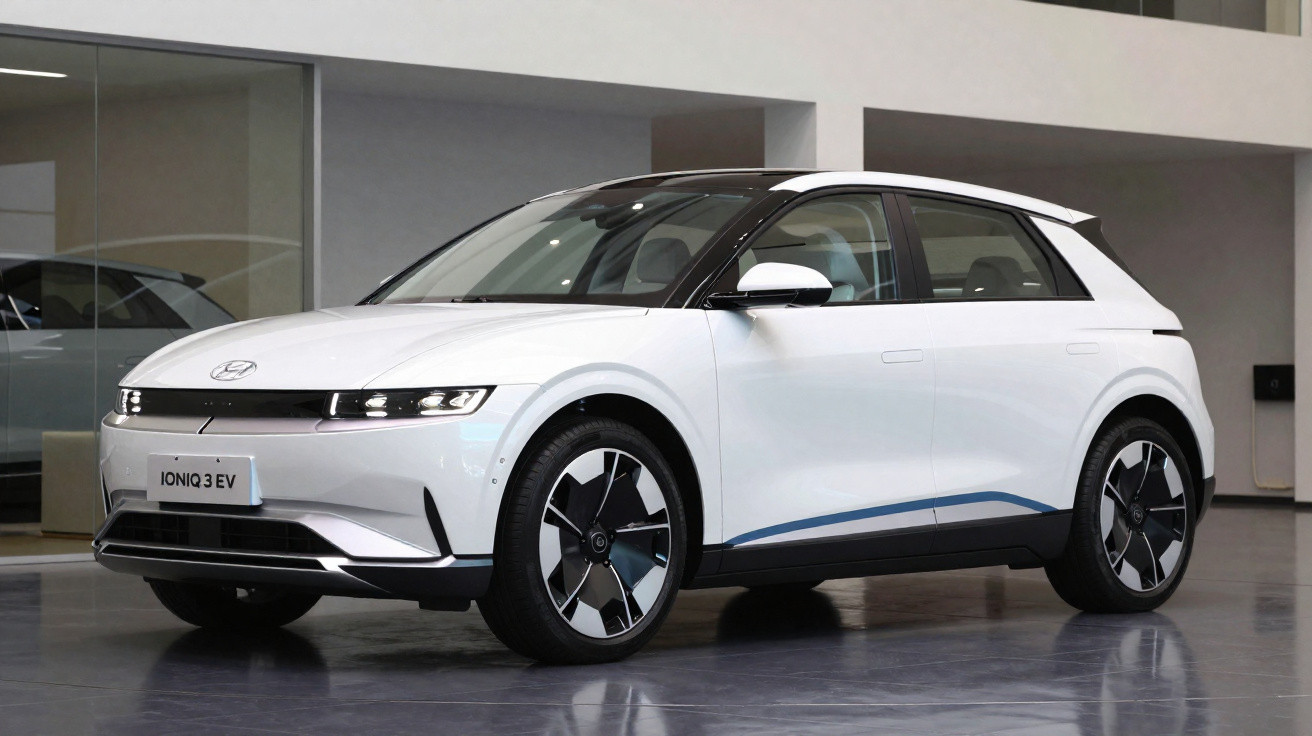 Carro elétrico Hyundai Ioniq 3 EV branco estacionado em interior moderno com chão refletor.