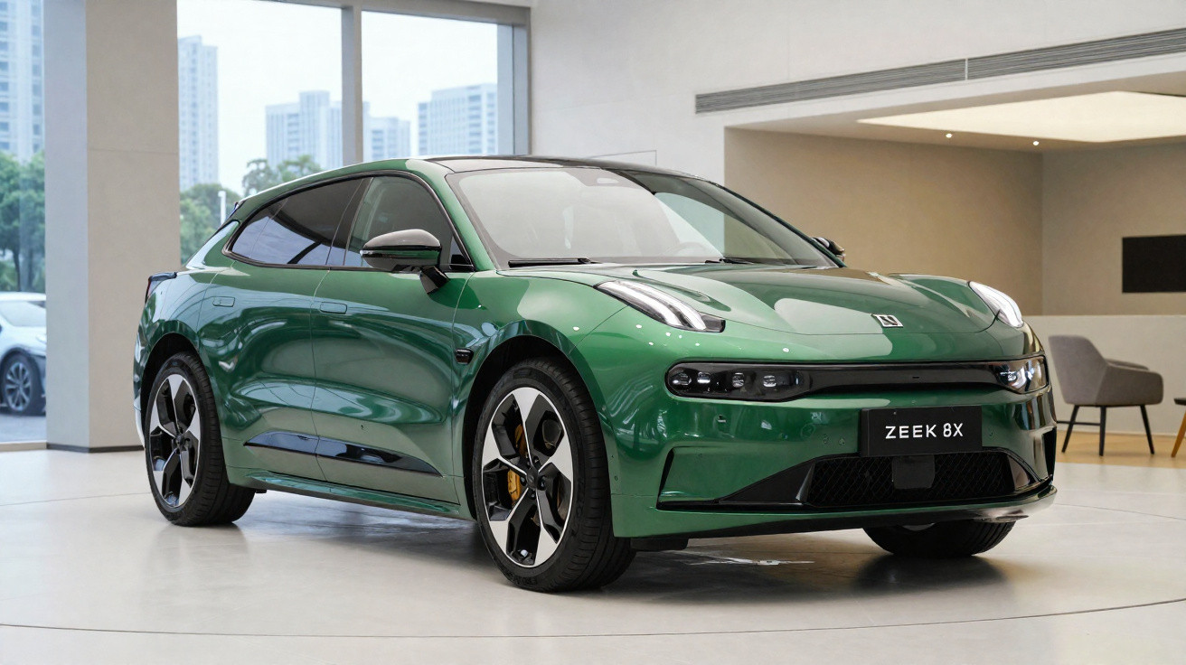Carro elétrico verde ZEEK 8X estacionado num showroom moderno com janelas grandes e cadeiras ao fundo.