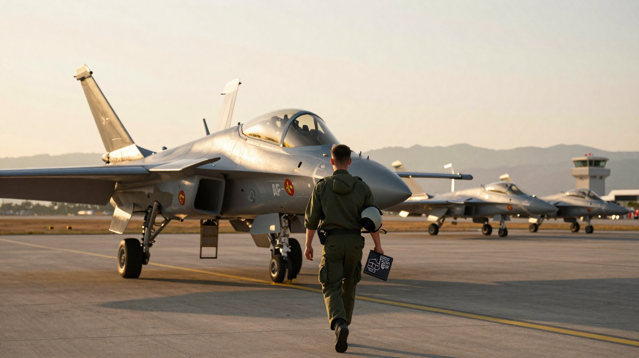 Piloto militar caminha em direção a jato de combate estacionado numa base aérea ao amanhecer.