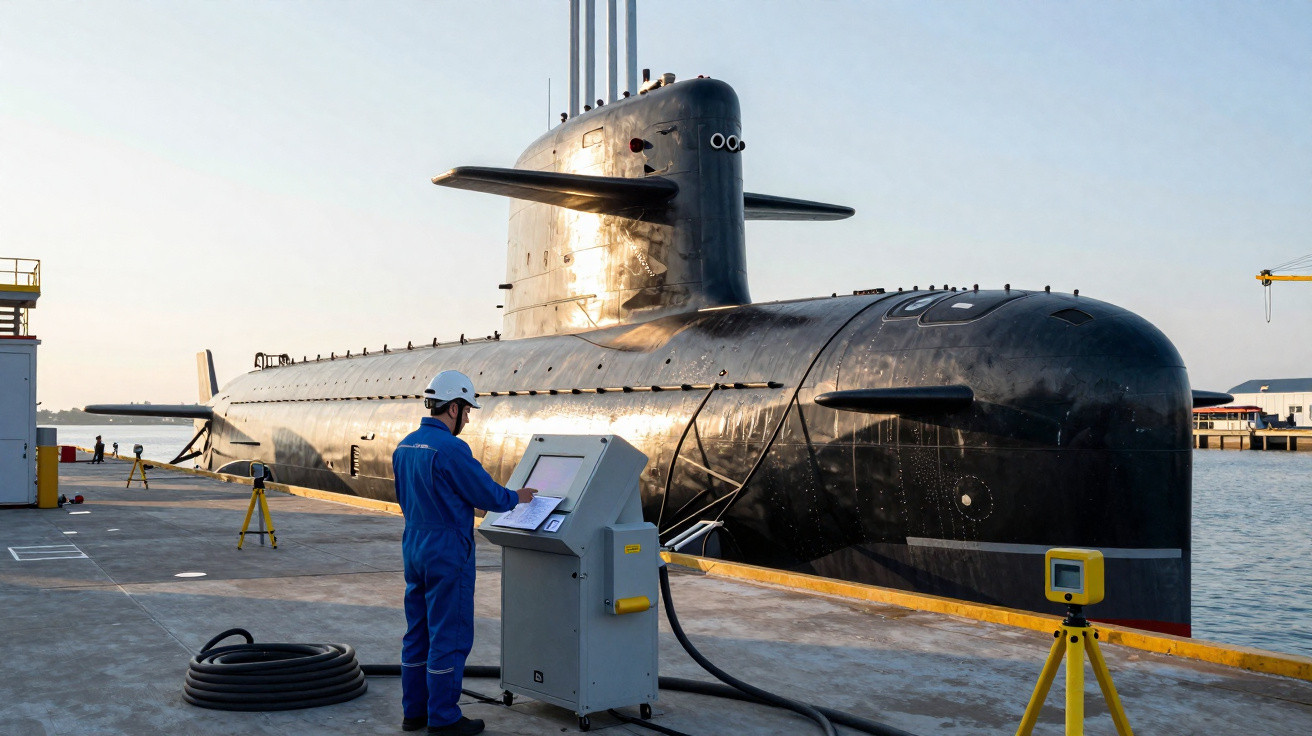 Submarino preto atracado no cais com técnico em equipamento de controlo a operar junto à embarcação.