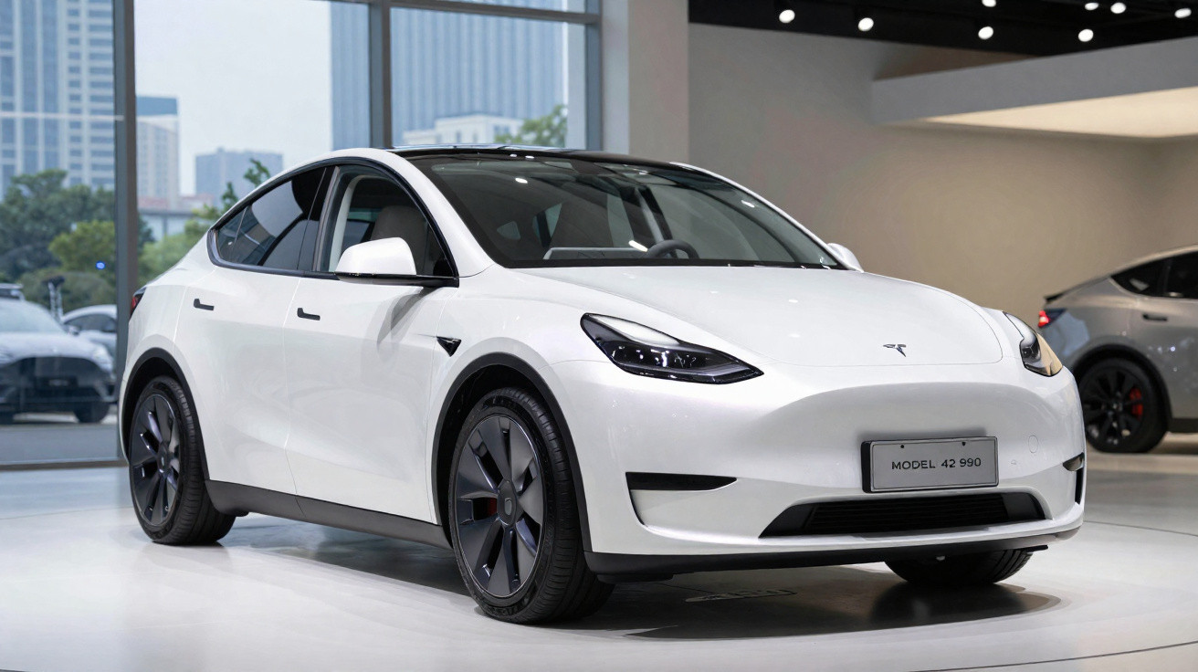 Carro elétrico Tesla Model Y branco em exposição numa sala moderna com janelas grandes.