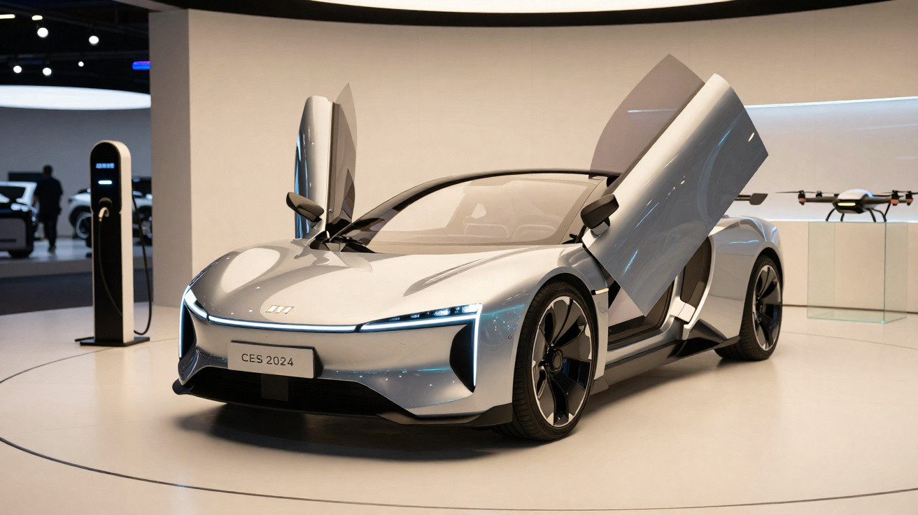 Carro elétrico futurista prata com portas abertas tipo asas de gaivota numa exposição CES 2024.