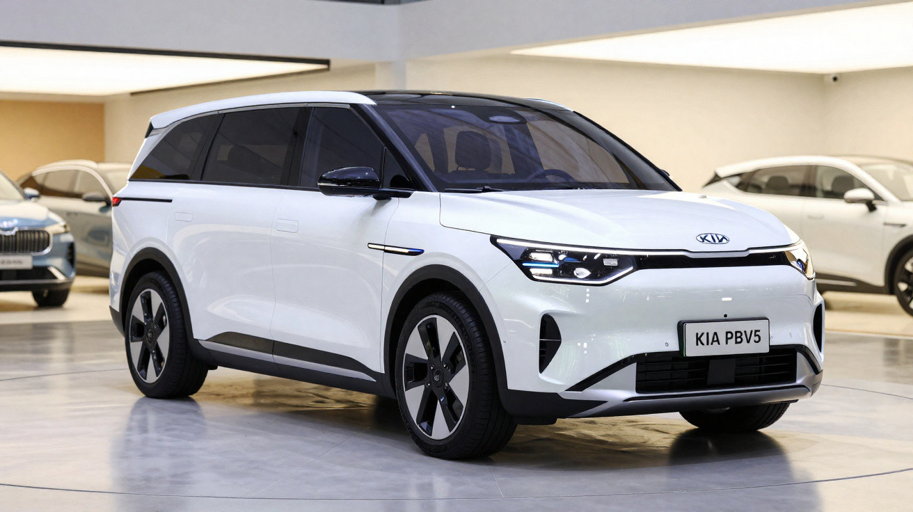 Carro elétrico Kia PBV5 branco em exposição numa sala de showroom moderna e iluminada.