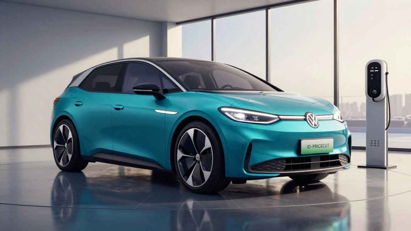 Carro elétrico Volkswagen ID. Pricecut azul num espaço moderno com estação de carregamento.