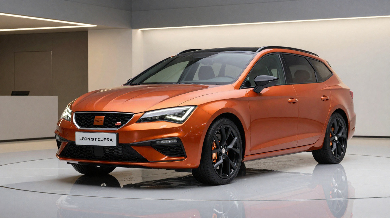 Carro desportivo Seat Leon ST Cupra laranja brilhante, com detalhes negros, em ambiente minimalista interior.