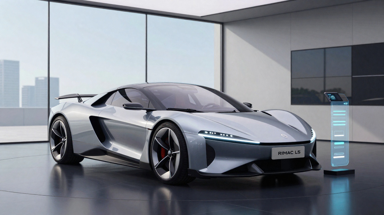 Carro desportivo elétrico cinza Rimac L5 numa garagem moderna com estação de carregamento digital.