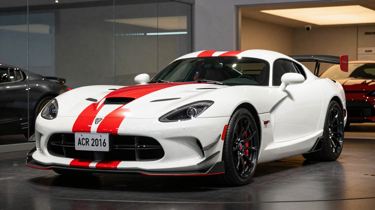 Carro desportivo branco com faixa vermelha e asa traseira exposto em showroom moderno.