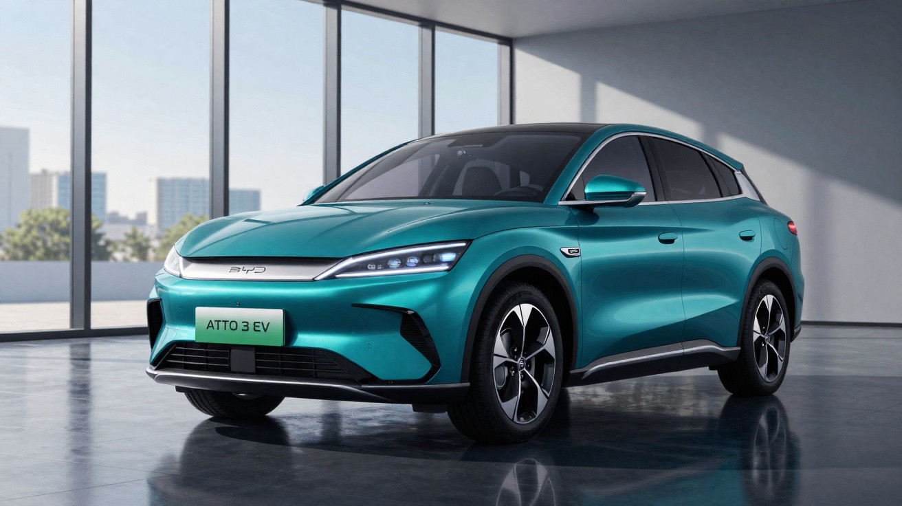 Carro elétrico SUV BYD Atto 3 EV verde, estacionado em espaço interior com janelas amplas.