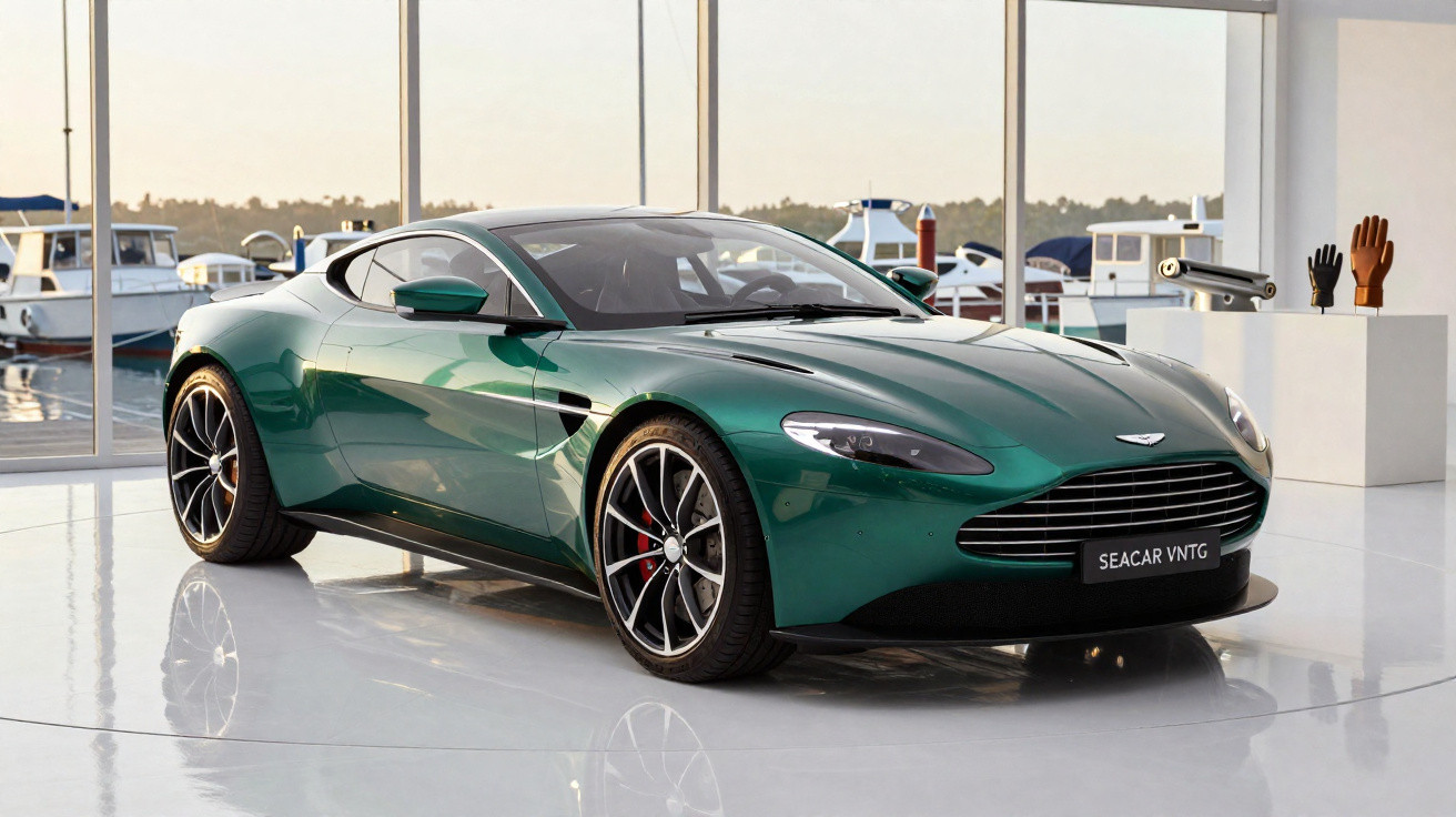 Automóvel desportivo verde metálico Aston Martin estacionado num interior com janelas e vista para barcos.