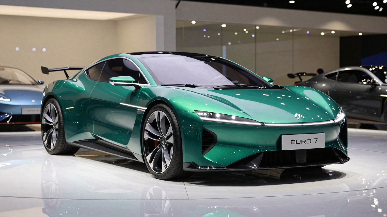 Carro desportivo elétrico verde metálico com design futurista exibido em salão automóvel.