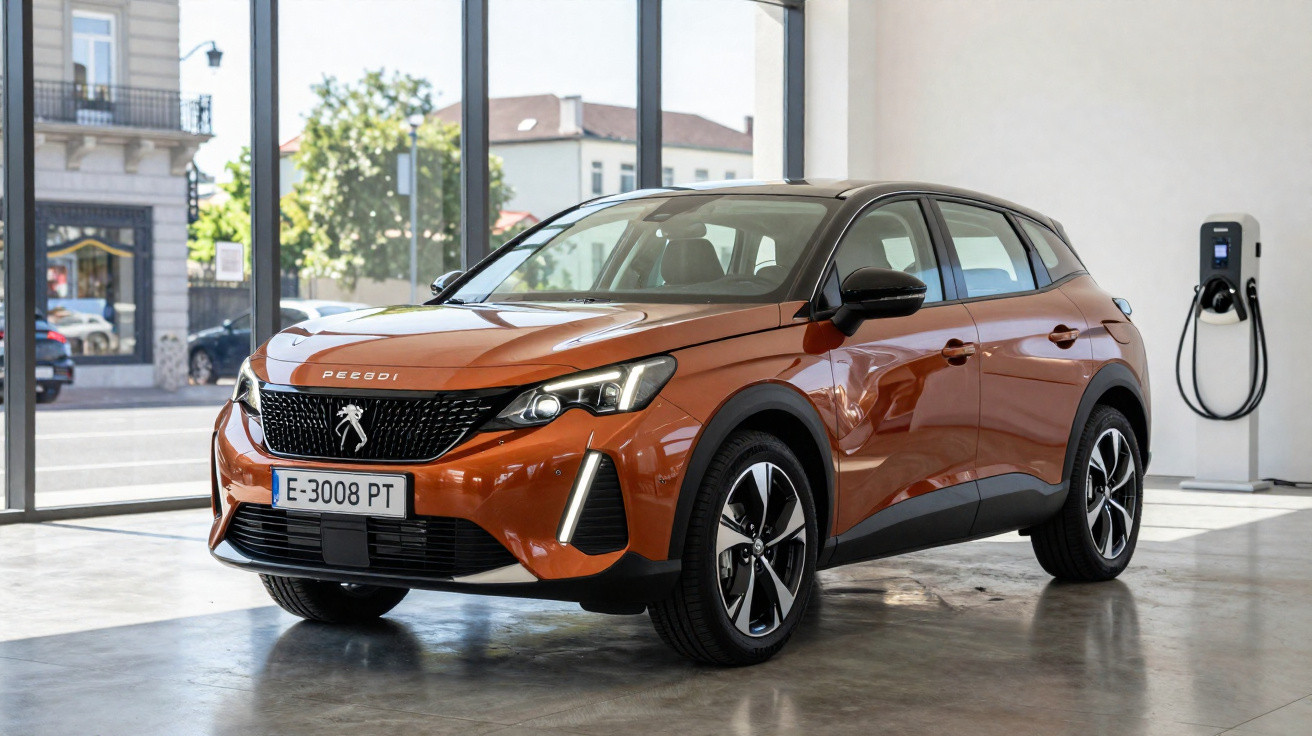 Carro elétrico Peugeot 3008 laranja estacionado em showroom com estação de carregamento ao fundo.