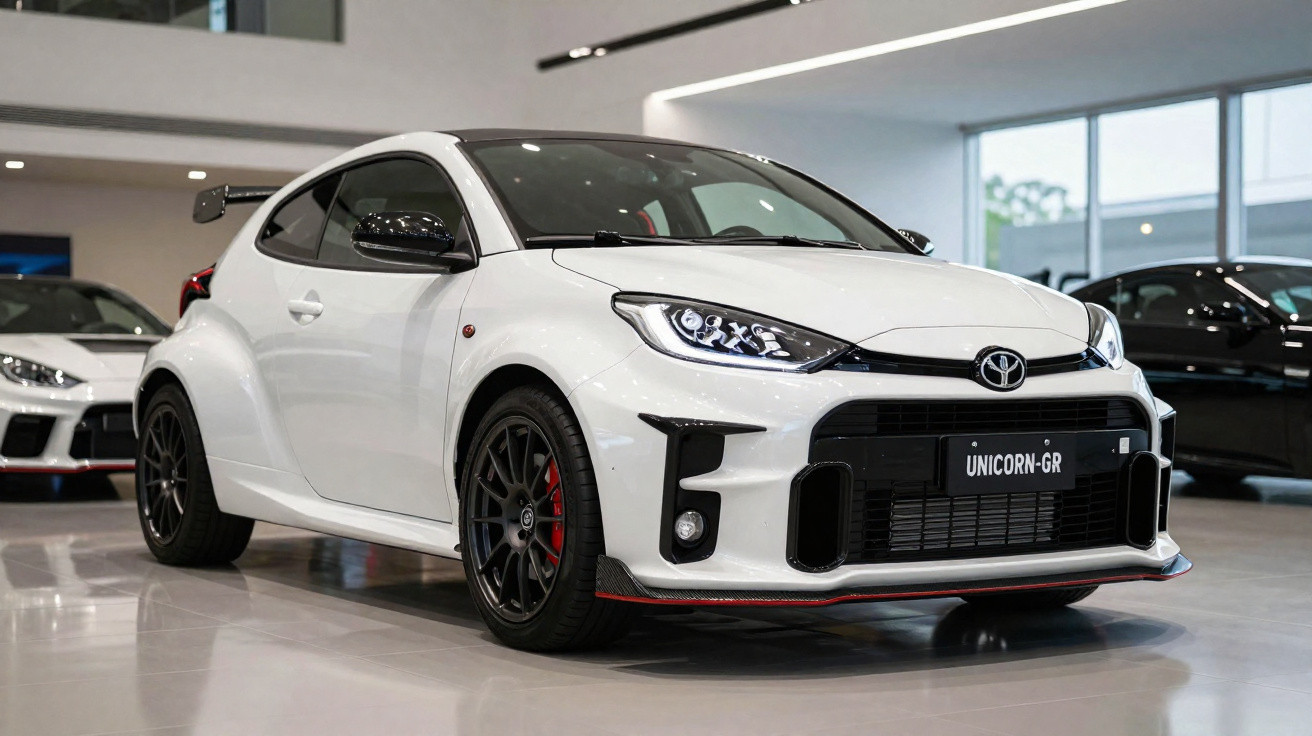 Carro desportivo branco Toyota GR no interior de loja com jantes pretas e detalhes vermelhos.