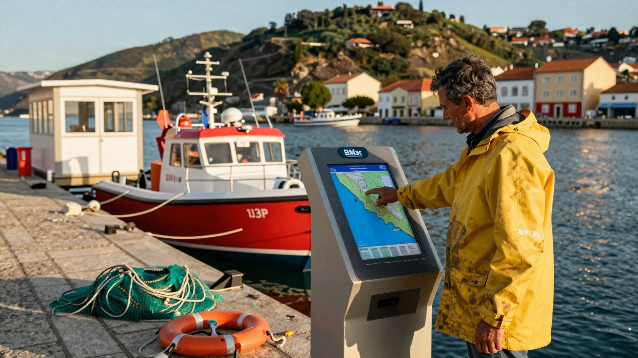 Homem de amarelo consulta mapa digital no cais junto a barco vermelho e casas coloridas à beira-mar.