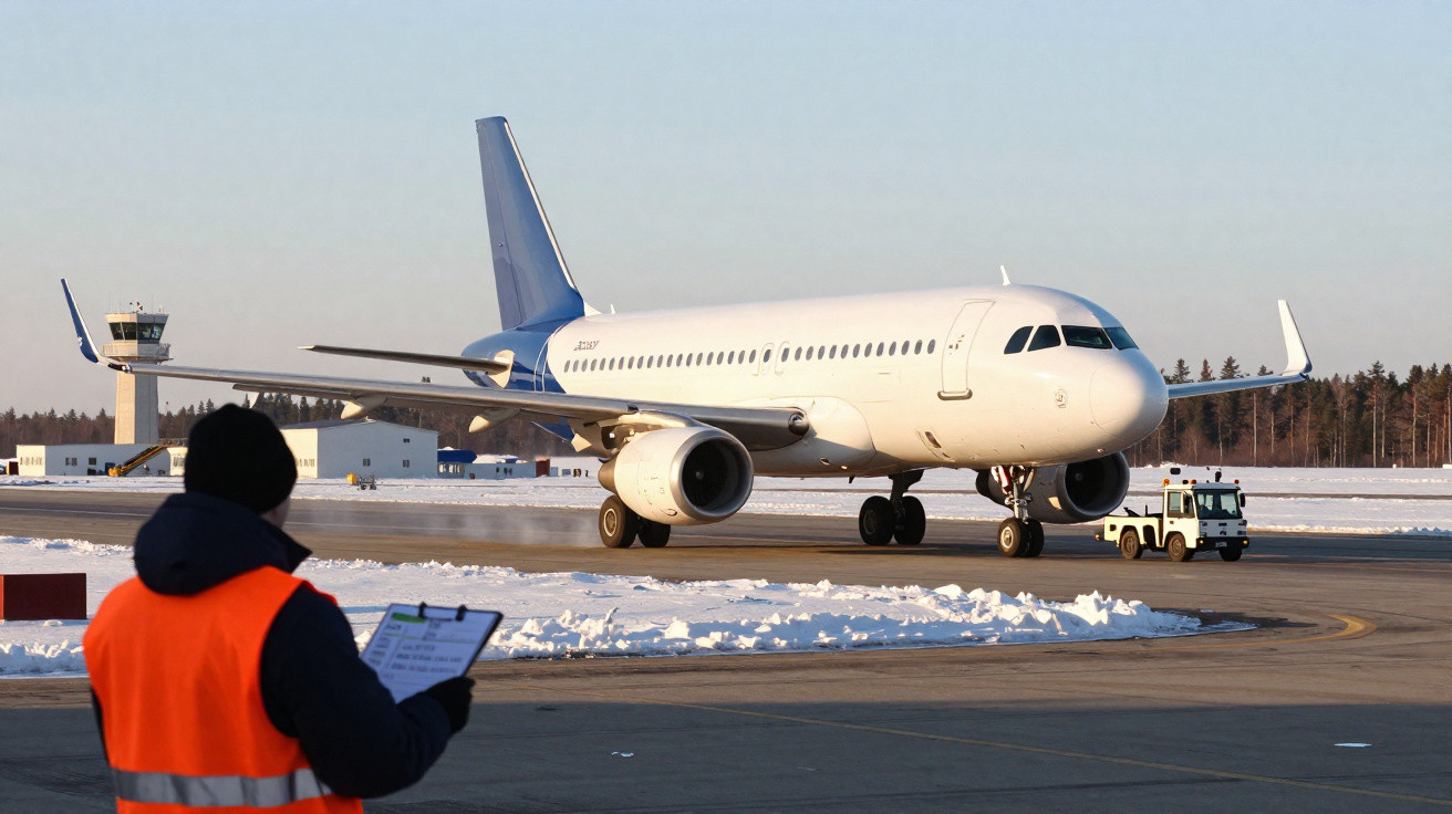 Avião comercial branco no solo com trabalhador em colete refletor laranja e neve no aeroporto.