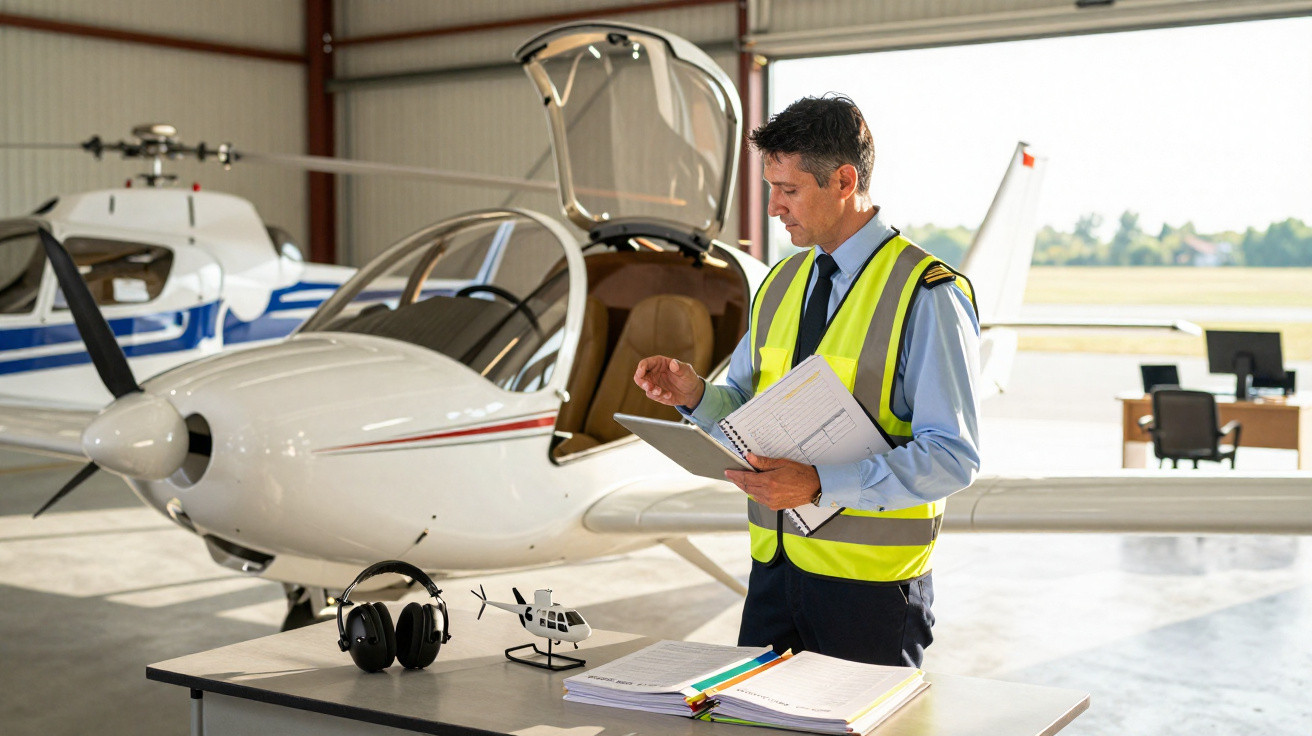 Homem com colete refletor verifica documentos junto a avião pequeno num hangar de aeroporto.