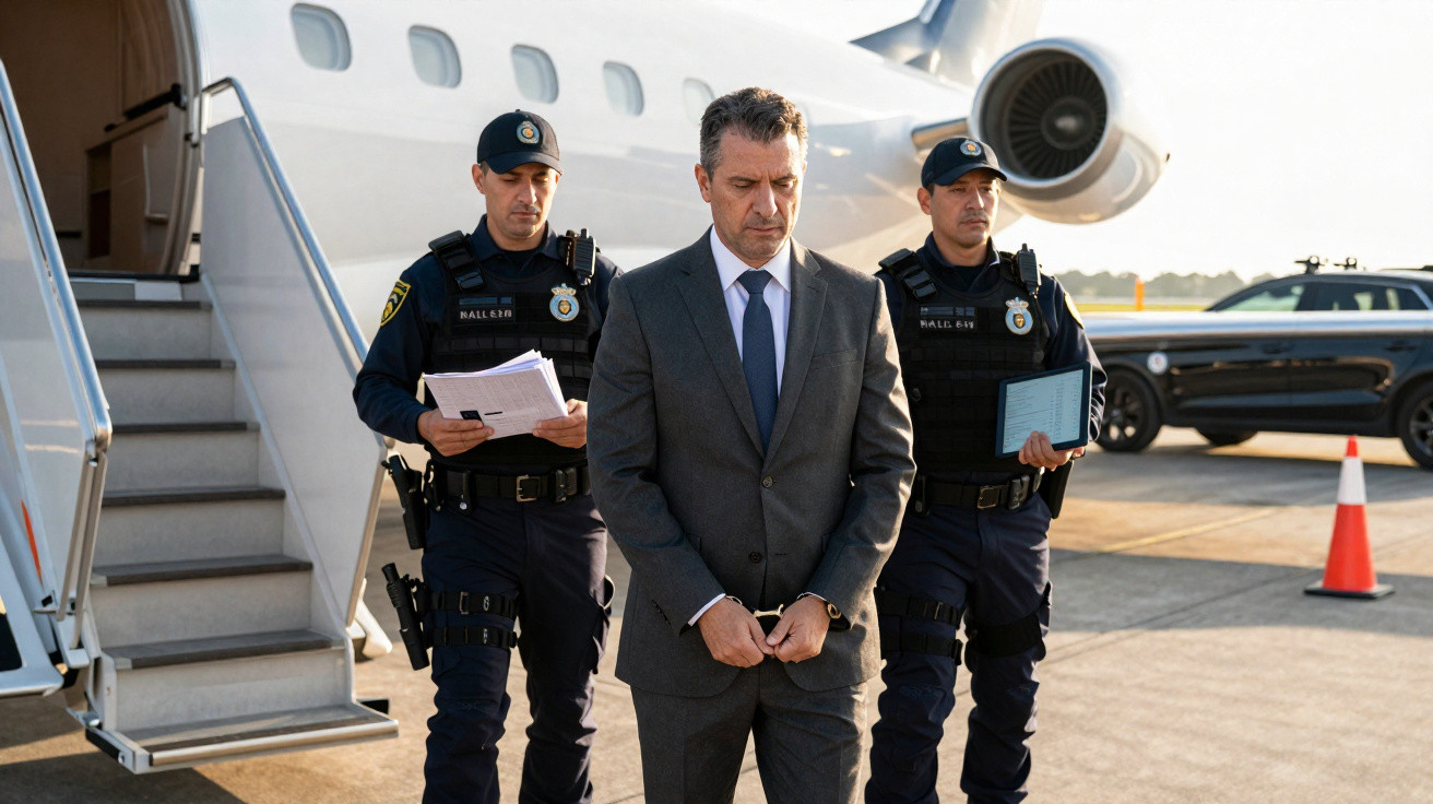 Homem de fato cinzento de algemas escoltado por dois agentes da polícia perto de um avião privado num aeroporto.