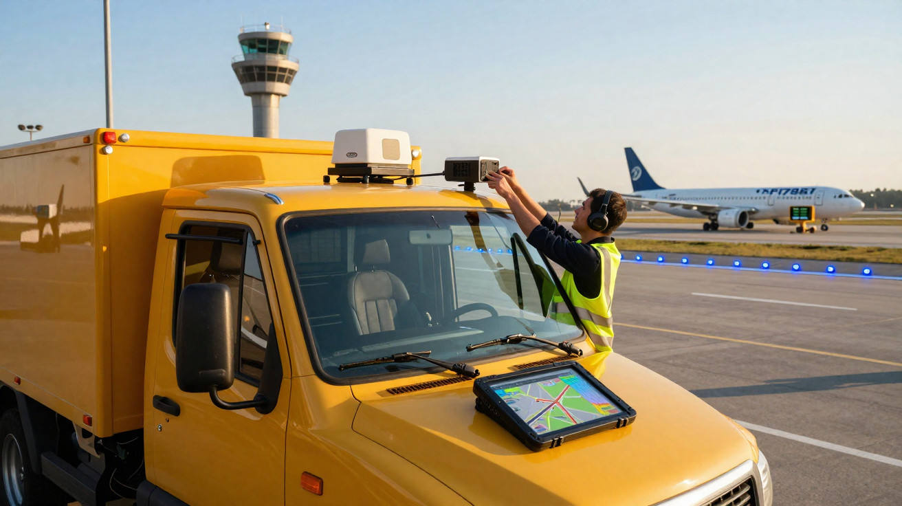 Técnico ajusta equipamento num camião amarelo na pista de aeroporto com avião e torre de controlo ao fundo.