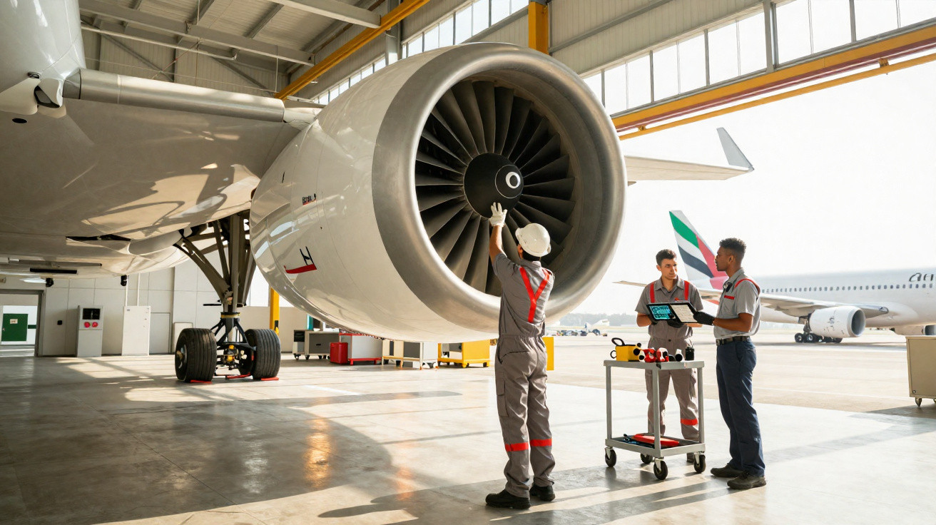 Técnicos a inspecionar motor de avião num hangar, com outra aeronave visível ao fundo no aeroporto.