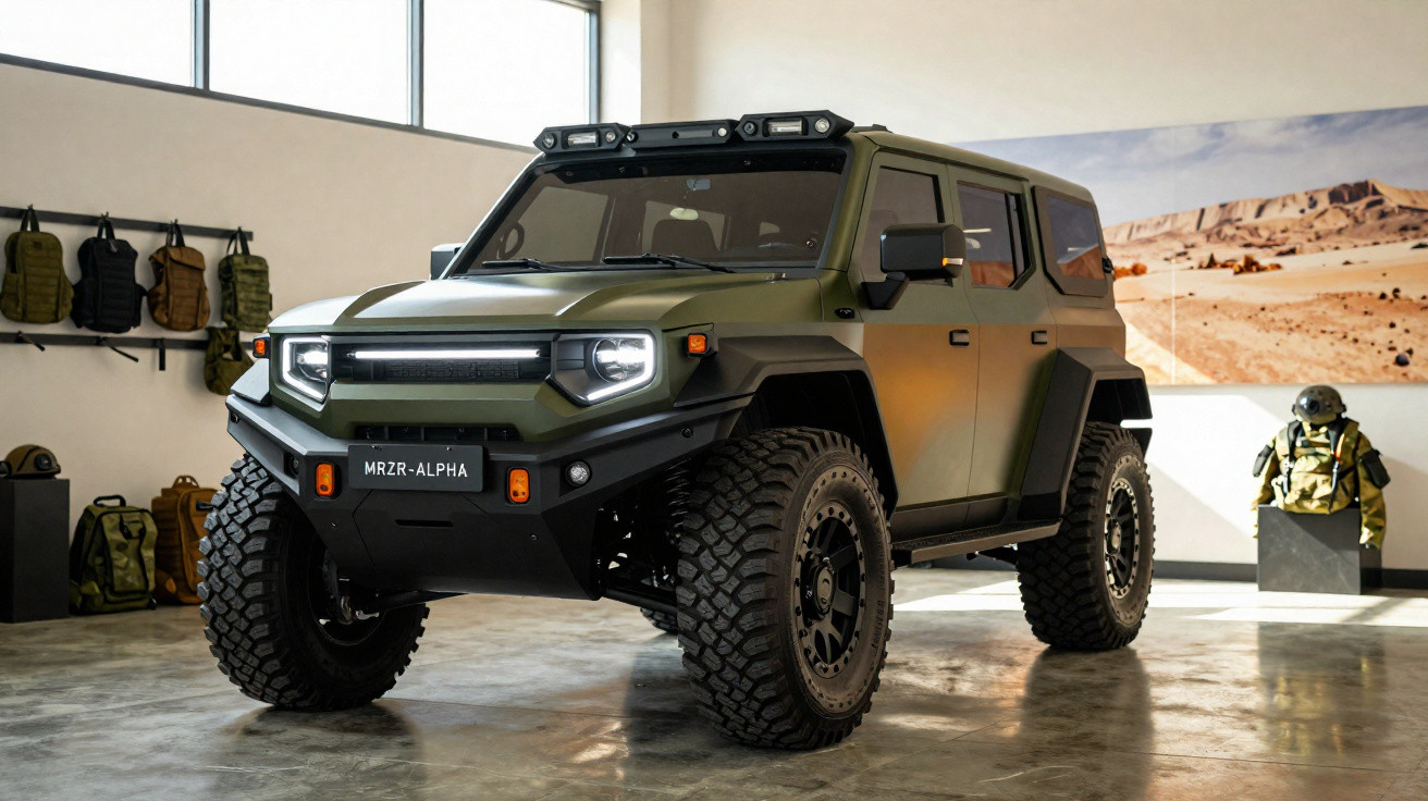 Veículo todo-o-terreno verde militar MRZR-ALPHA exposto em interior com equipamentos militares ao fundo.
