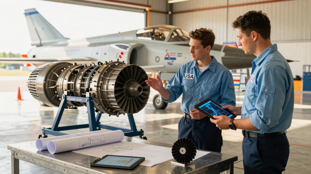 Dois técnicos em uniforme azul analisam um motor de avião desativado dentro de um hangar com um caça ao fundo.