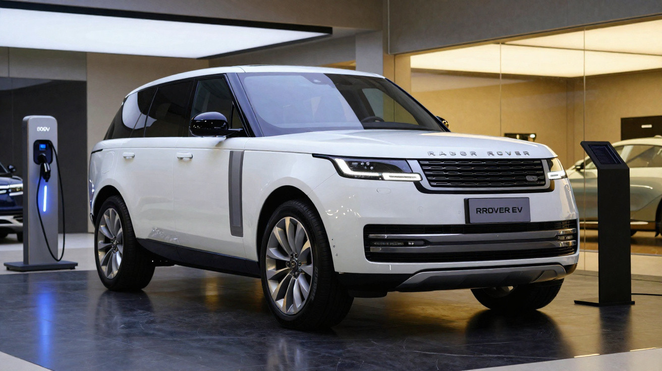 SUV elétrico branco Range Rover EV carregando numa estação de carregamento interior.
