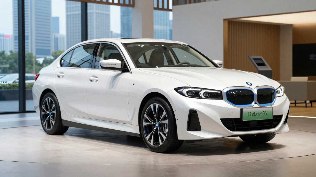 Carro branco BMW i3 eDrive35L elétrico em exposição numa sala moderna com janelas e cidade ao fundo.