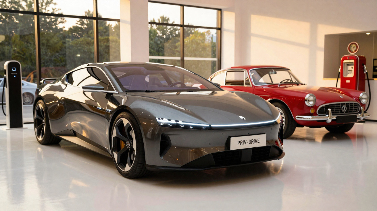 Carro elétrico cinzento moderno e carro clássico vermelho juntos numa garagem com poste de carregamento.