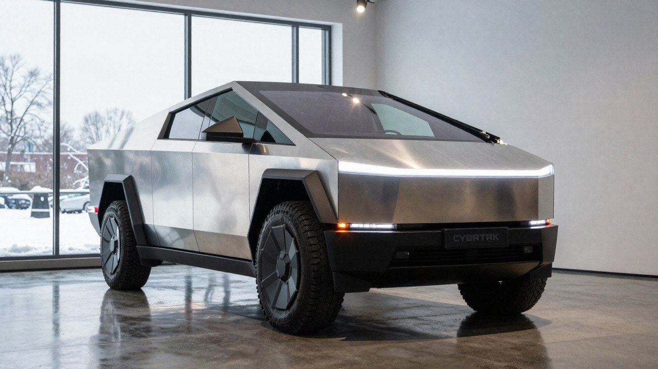 Veículo elétrico Tesla Cybertruck prateado com design futurista em exposição interior.
