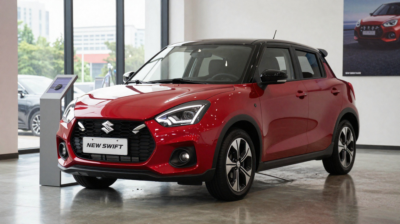 Carro Suzuki Swift vermelho com tejadilho preto exibido numa sala de exposição moderna.