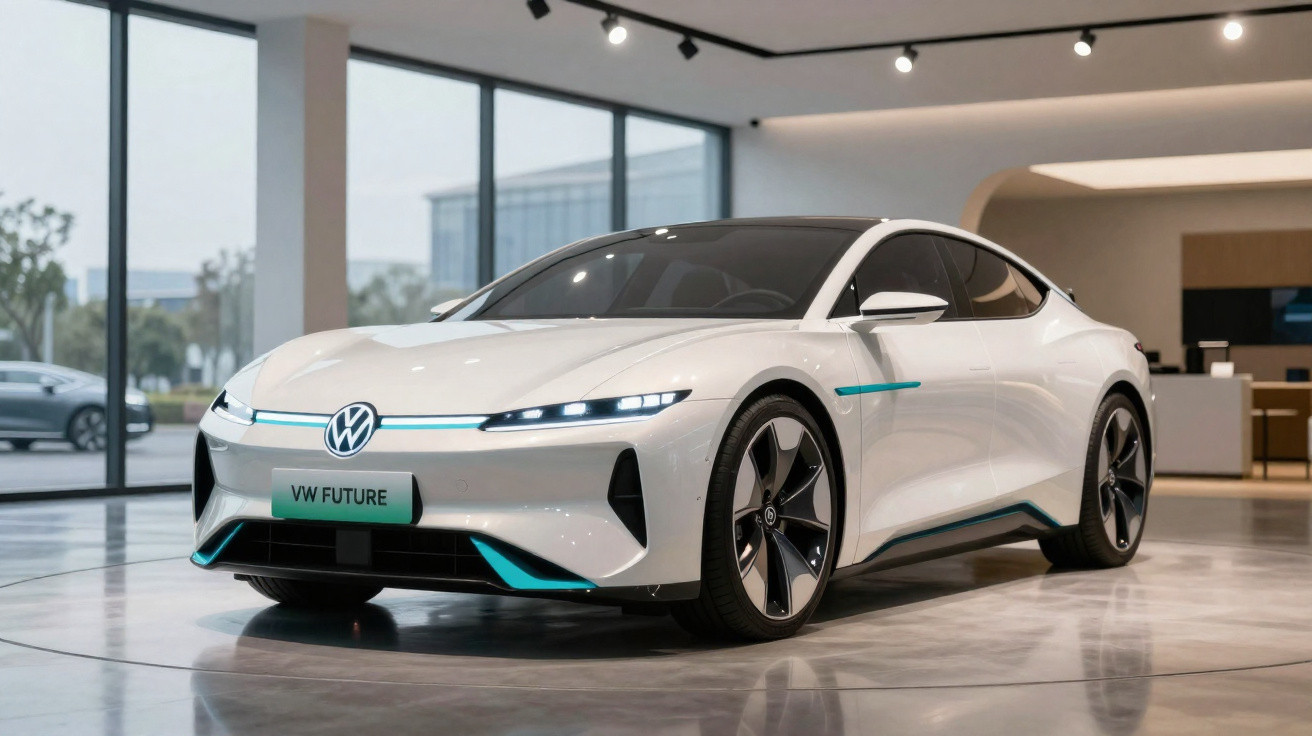 Carro elétrico desportivo branco VW Future exposto num showroom moderno e luminoso.