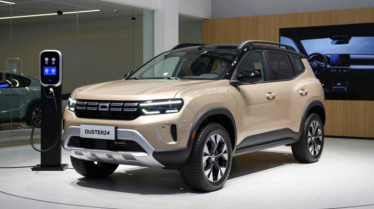 SUV Dacia Duster bege em exposição, ao lado de posto de carregamento elétrico em ambiente interior.
