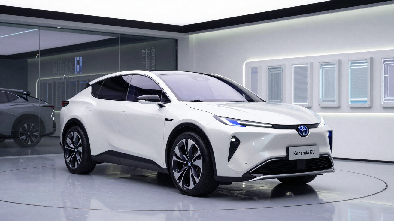 Carro elétrico branco Toyota Kenshiki EV numa sala de exposição moderna com paredes brancas e luzes LED.