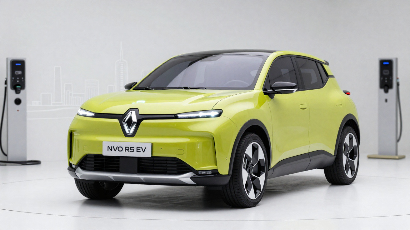 Carro elétrico Renault NVO R5 EV verde, estacionado em espaço branco com carregadores elétricos ao fundo.