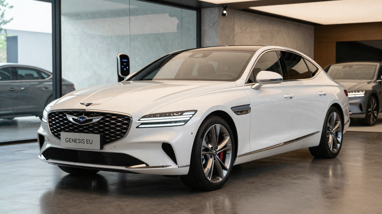 Carro elétrico de luxo branco Genesis G80 EV estacionado em interior moderno com outro veículo ao fundo.