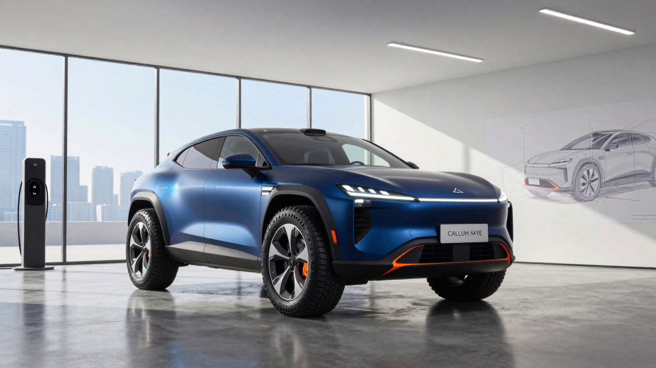 Carro elétrico azul moderno estacionado em garagem com carregador e esboço do veículo na parede branca.