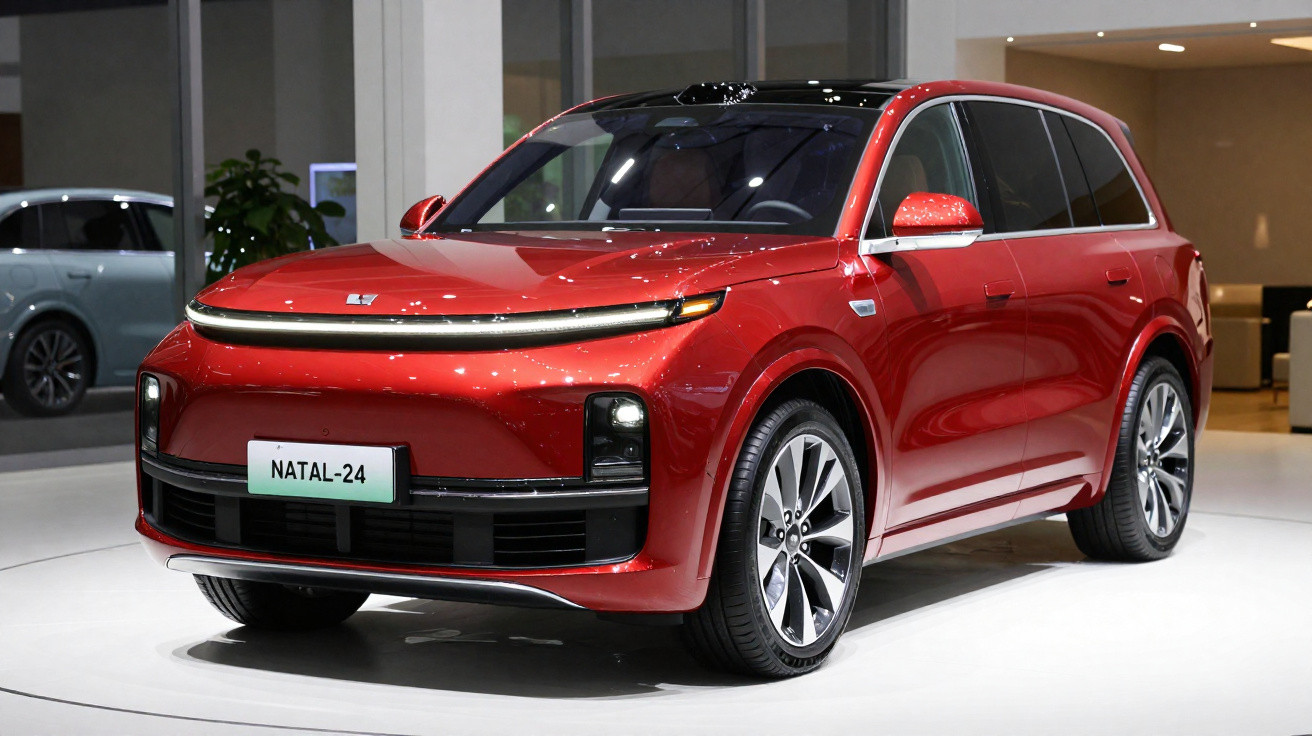Carro elétrico vermelho com design moderno exposto em exterior iluminado interiormente.