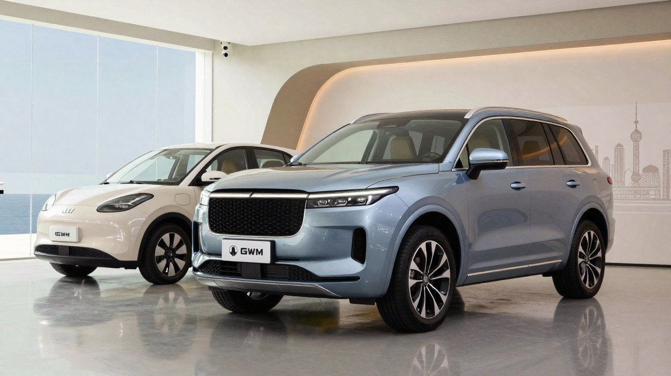 Dois carros novos da marca GWM exibidos numa sala de exposição moderna e bem iluminada.