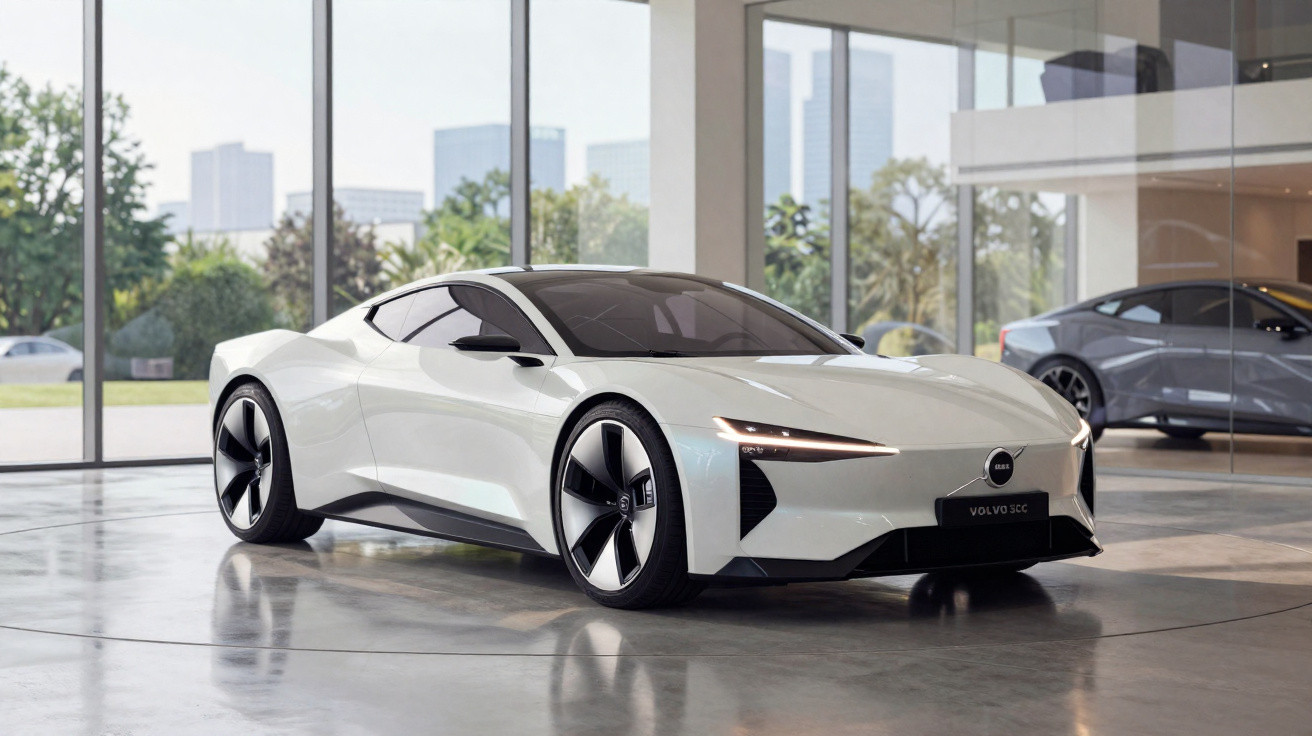Carro desportivo branco Volvo elétrico exposto num salão moderno com grandes janelas e chão espelhado.