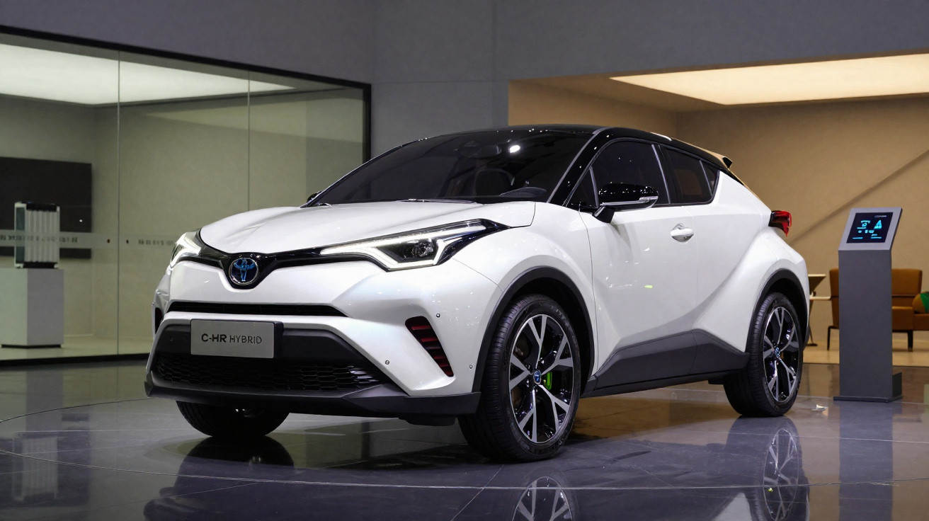 Carro Toyota C-HR híbrido branco estacionado em ambiente interior com chão reflexivo.